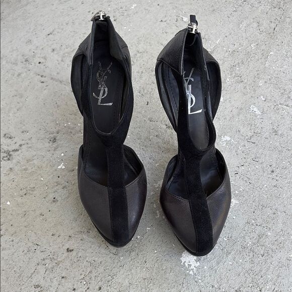 Yves Saint Laurent Women's Black Leather T Strap Heels - Picture 1 of 8